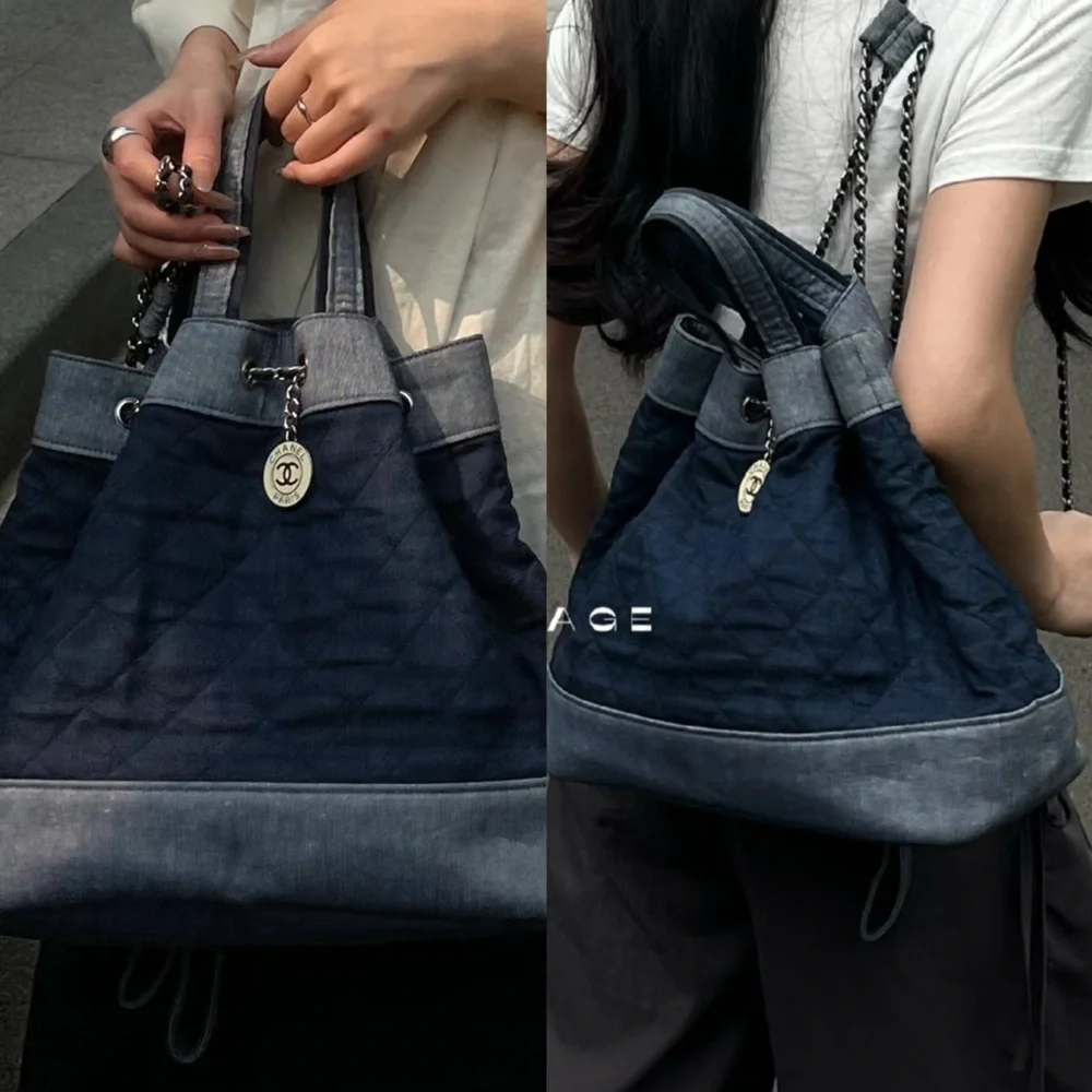 RARE！Chanel 2014 denim 2 tone medallion charm back pack bag/tote bag